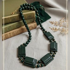Vintage Lucite Art Deco Dark Green Statement Necklace